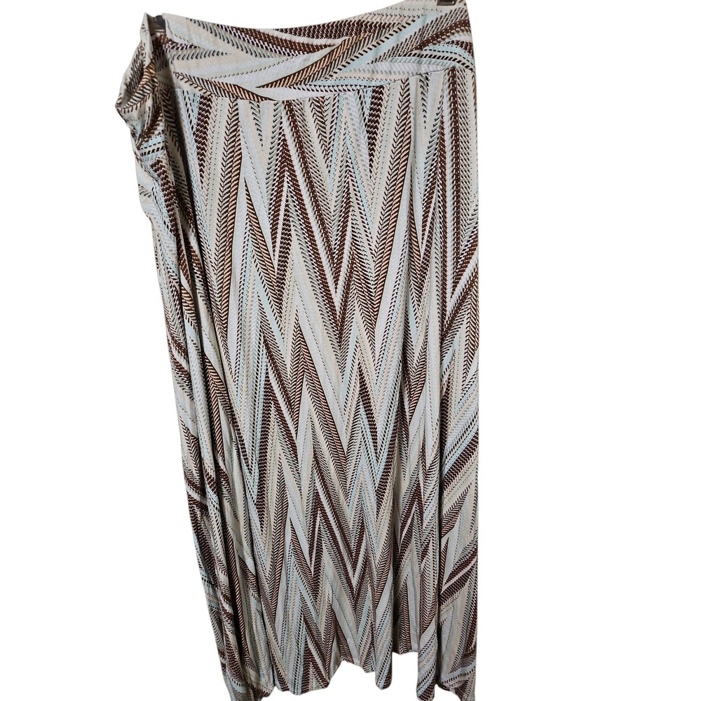 Chevron Print Maxi Skirt Brown Tan Geometric Jersey Knit Fold Over Waist 0650